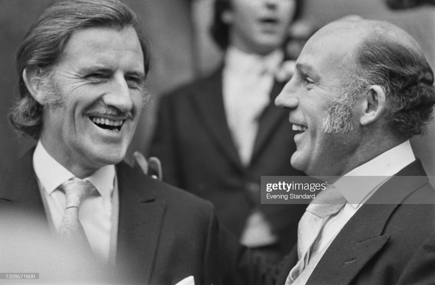 British F1 legends Graham Hill (left) and Stirling Moss attend the wedding of another British driver James Hunt. Hunt wed to model Suzy Miller at Brompton Oratory, London. 
