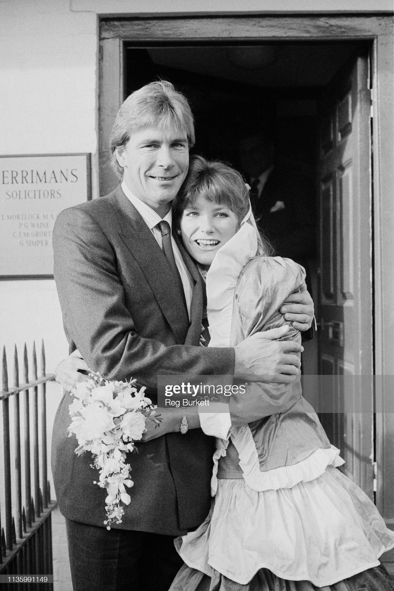 James Hunt and Sarah Lomax on their wedding day in Marlborough, UK, 17th December 1983. 