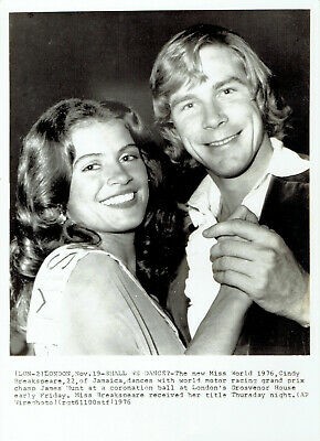 James Hunt with Miss World Cindy Breakspeare in 1976.