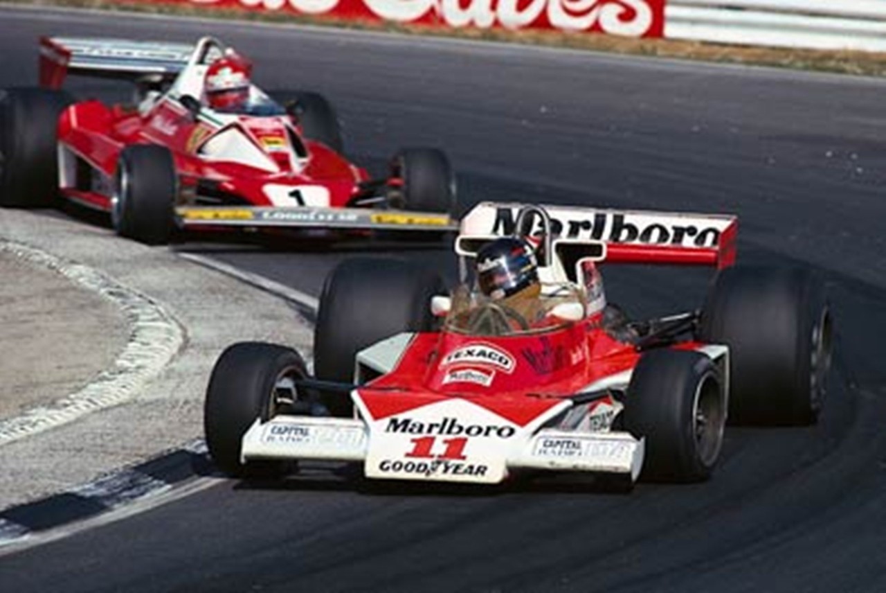 James Hunt, McLaren, followed by Niki Lauda, Ferrari, in 1976.