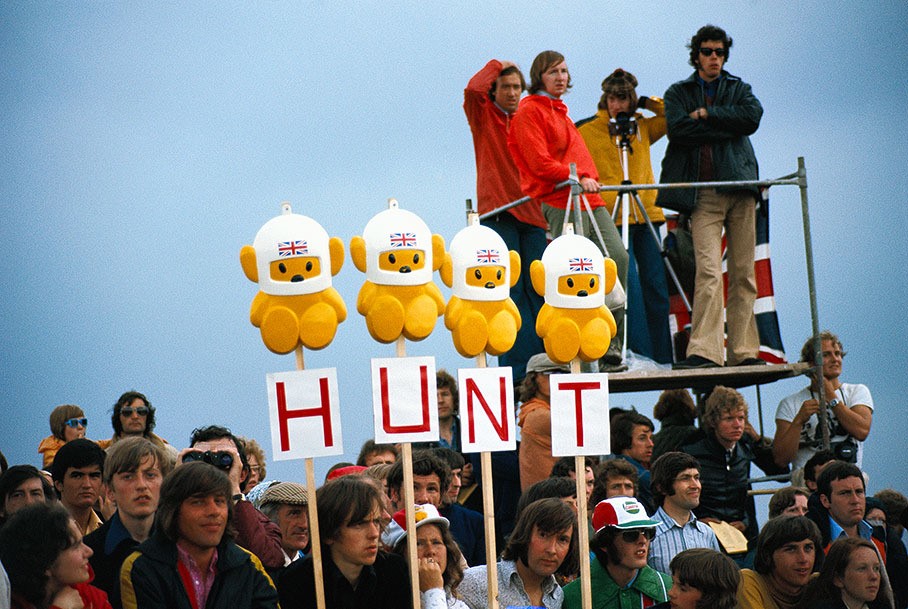 British fans supporting James Hunt at Silverstone in 1975. 