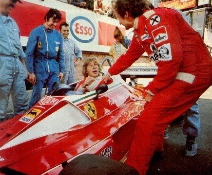 Belgian Grand Prix on 16 May 1976. James Hunt tries out Niki Lauda’s Ferrari 312T2 for size, action.