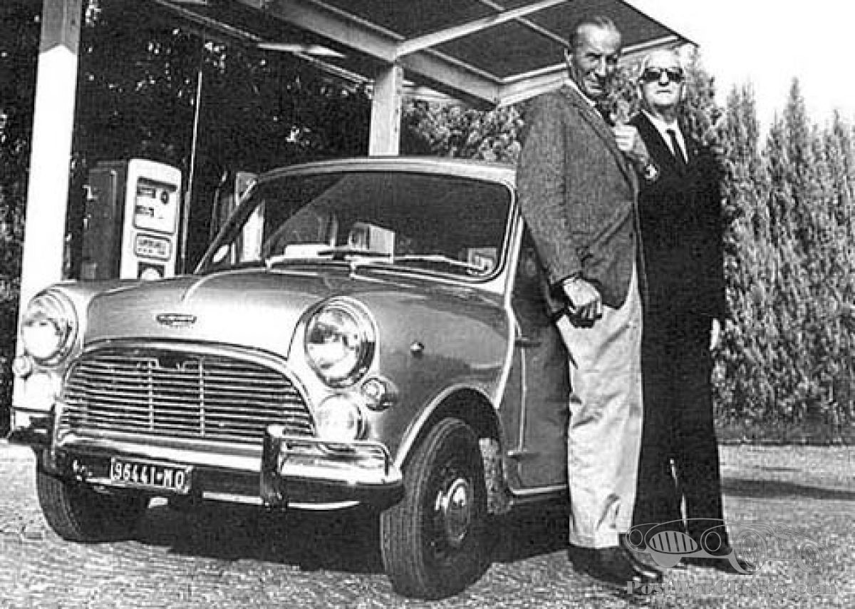 Alec Issigonis, the creator of the Mini, with Enzo Ferrari and Ferraris custom Cooper S.