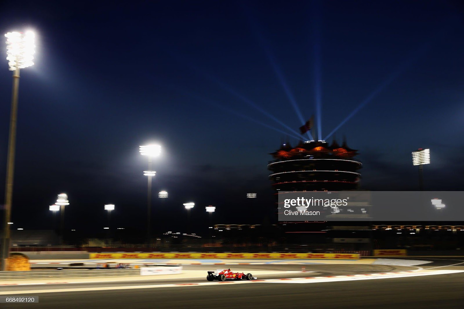 Kimi Raikkonen driving the (7) Scuderia Ferrari SF70H on track during practice for the Bahrain F1 Grand Prix at Bahrain International Circuit on April 14, 2017.