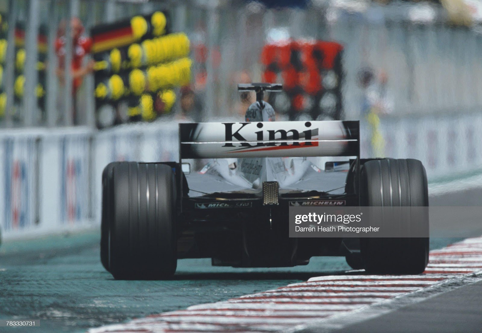 Kimi Raikkonen drives the n. 4 McLaren MP4-17 Mercedes V10 to second place during the F1 French Grand Prix on 21 July 2002 at the Circuit de Nevers Magny-Cours, France.