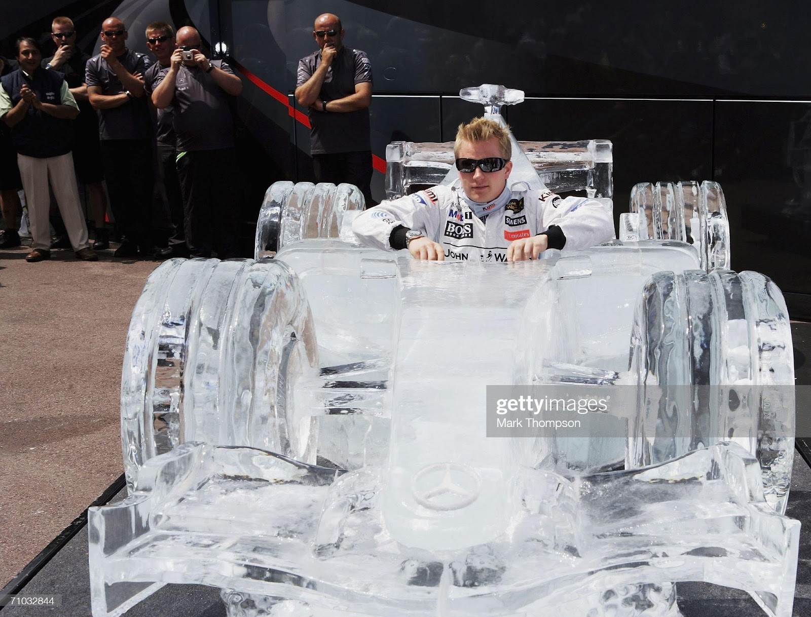 Kimi Raikkonen, McLaren, poses in an ice sculpted Formula One car during preparations for the Monaco F1 Grand Prix on May 24, 2006.