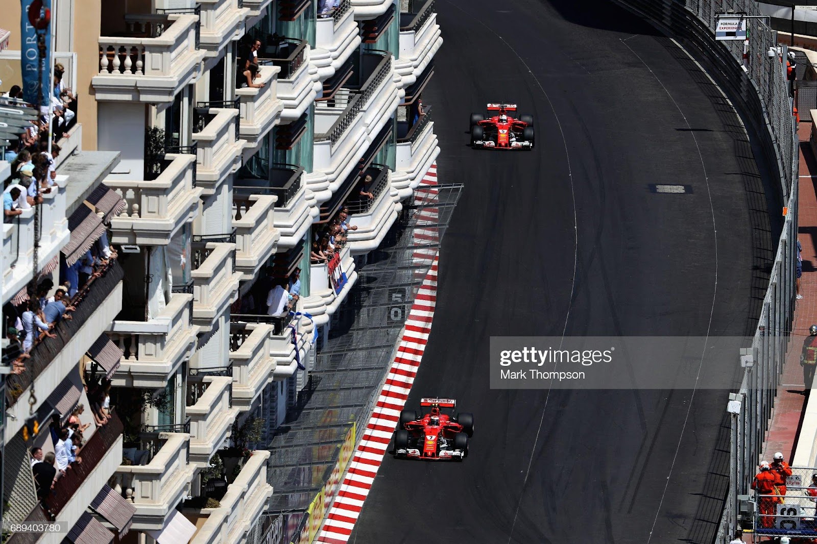 Kimi Raikkonen, driving the (7) Scuderia Ferrari SF70H, leads Sebastian Vettel, driving the (5) Scuderia Ferrari SF70H, on track during the Monaco F1 Grand Prix at Circuit de Monaco on May 28, 2017.