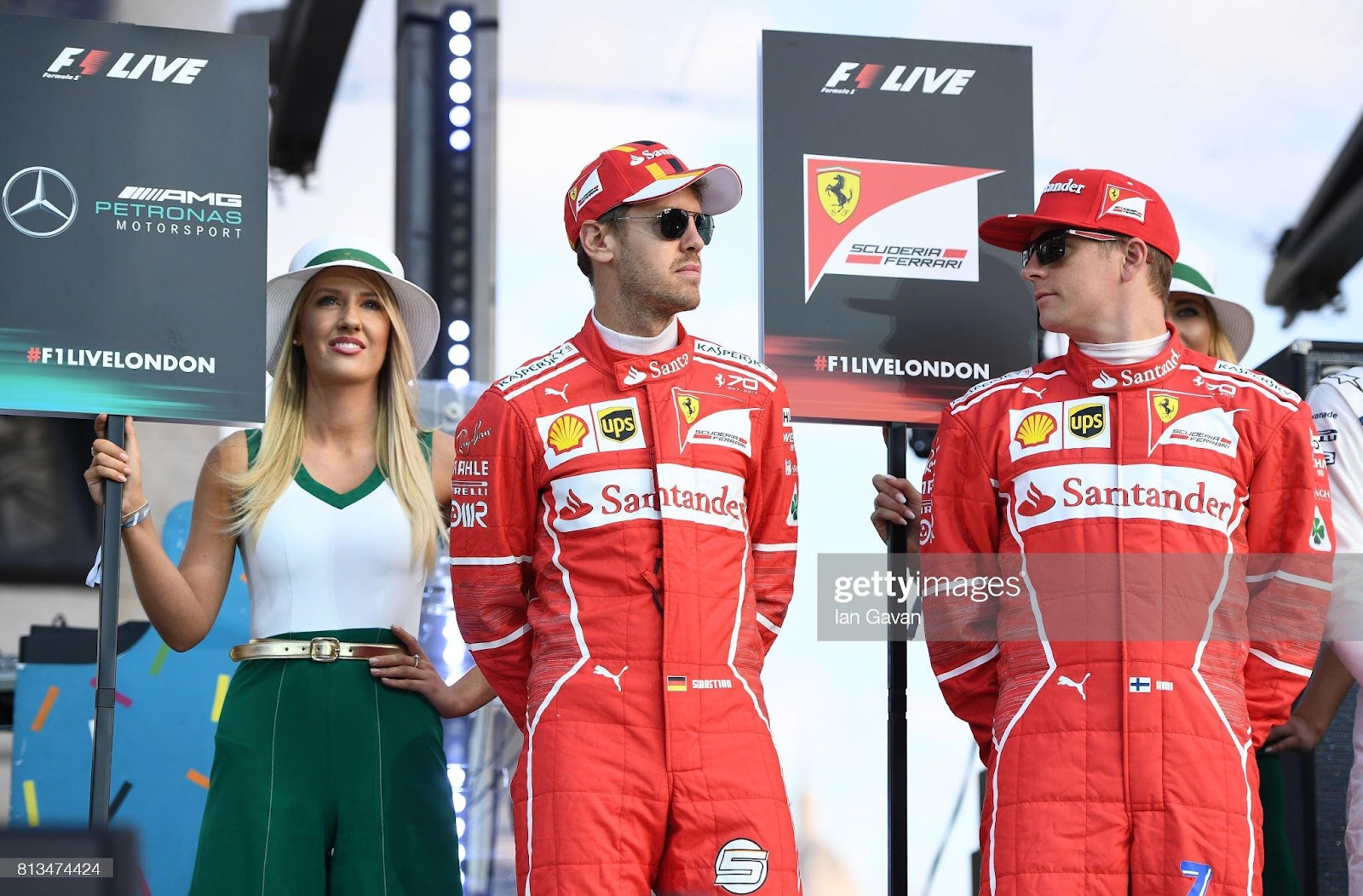 Sebastian Vettel and Kimi Raikkonen on stage at the F1 Live in London event at Trafalgar Square on July 12, 2017 in London, England.