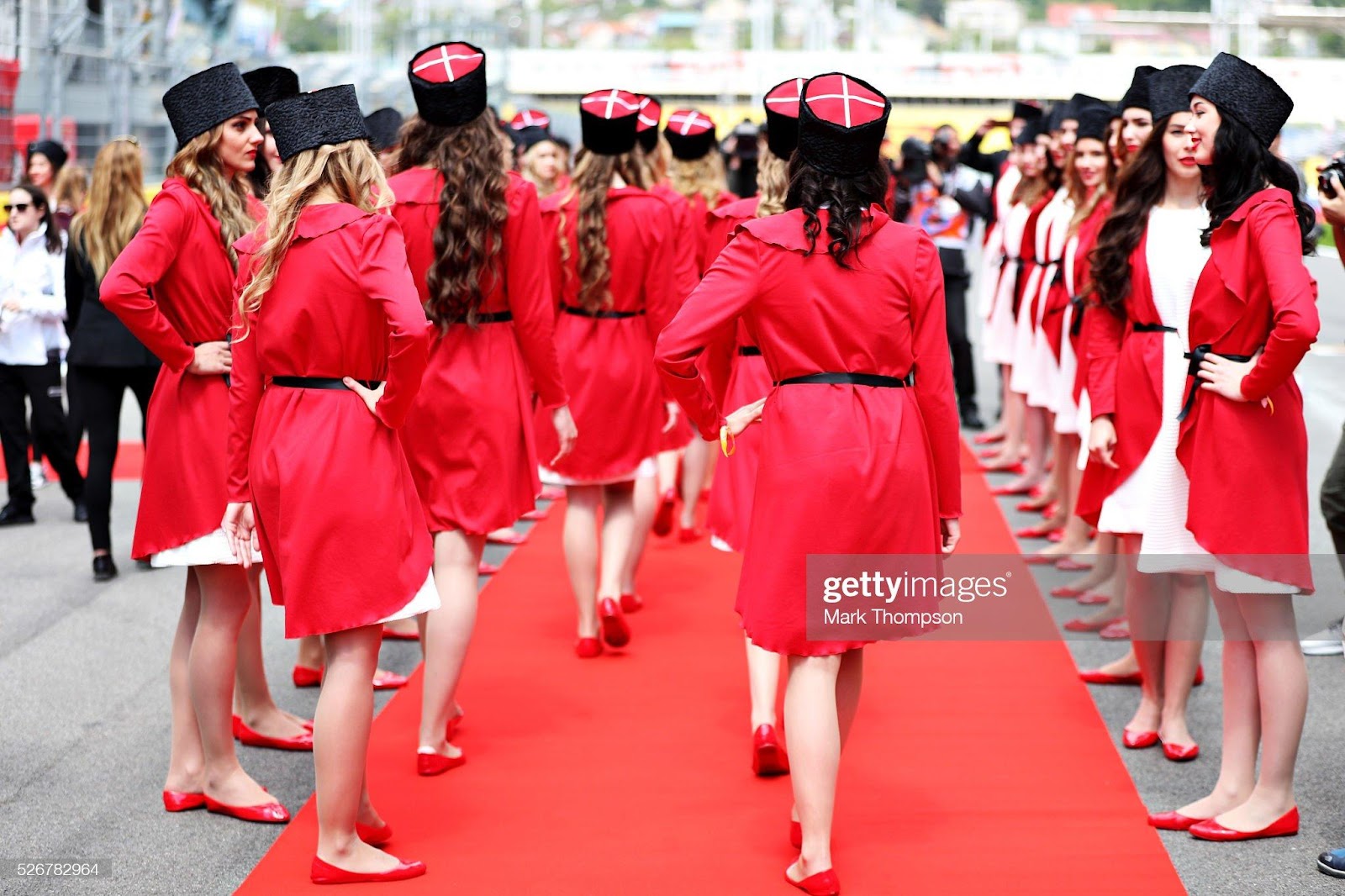 Grid Girls at the drivers parade ahead of the Formula One Grand Prix of Russia at Sochi Autodrom on May 1, 2016 in Sochi, Russia.