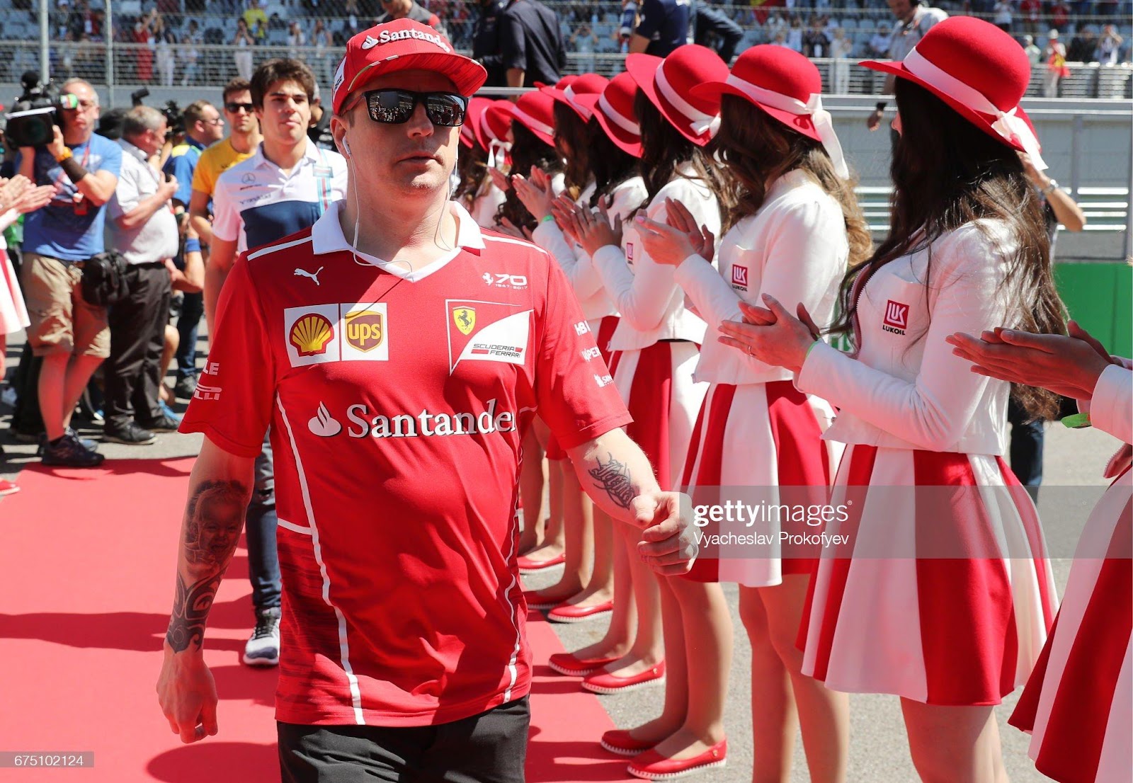 Kimi Raikkonen seen during a drivers' track parade ahead of the 2017 Formula One Russian Grand Prix at the Sochi Autodrom racing circuit.