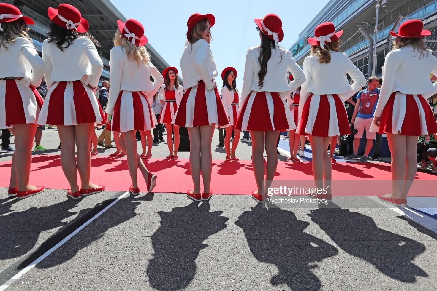 Girls seen ahead of the 2017 Formula One Russian Grand Prix at the Sochi Autodrom racing circuit.