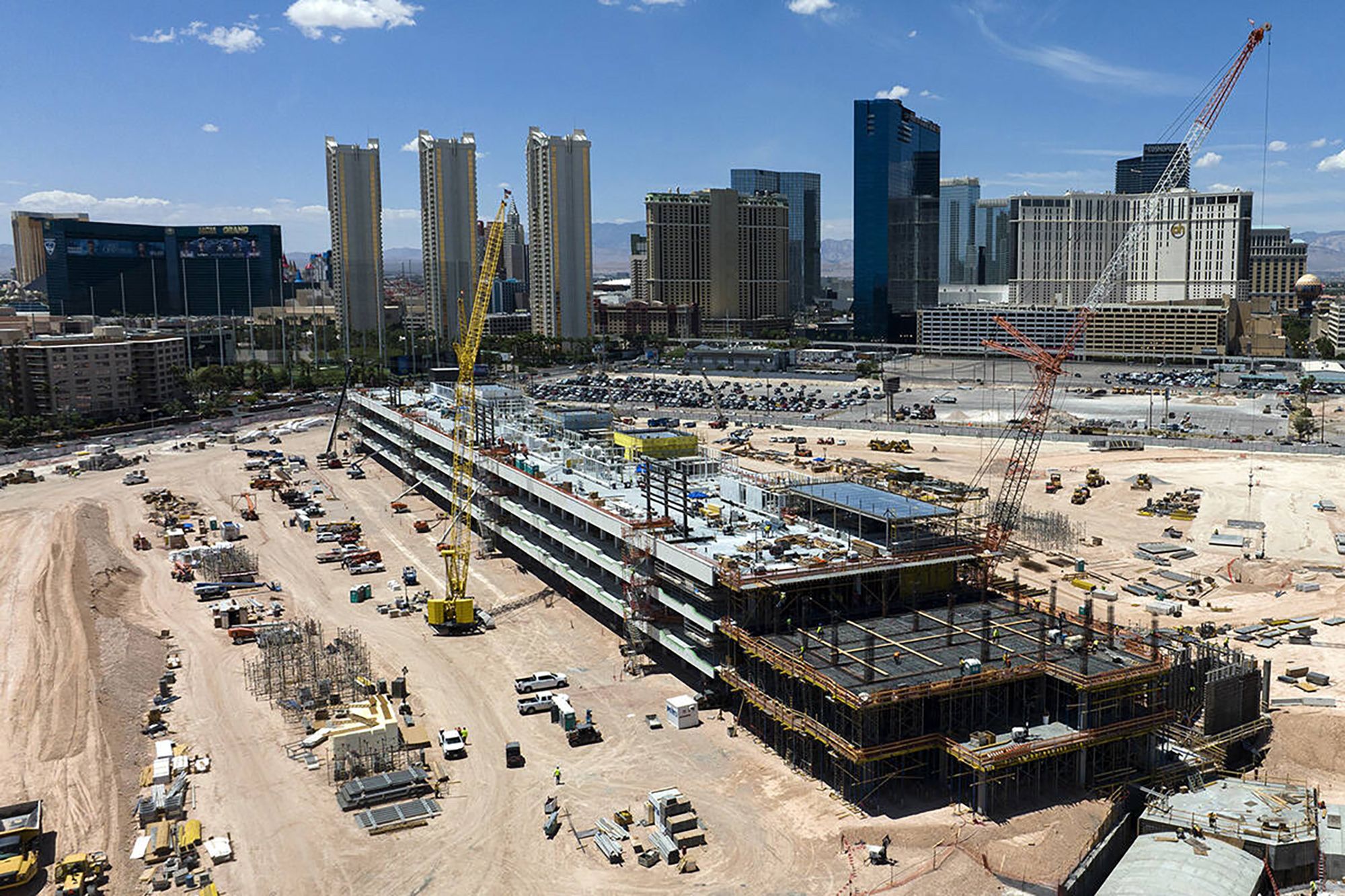 The construction site where Formula One was building a four-story, 300,000-square-foot paddock building, as seen on May 30, 2023. 