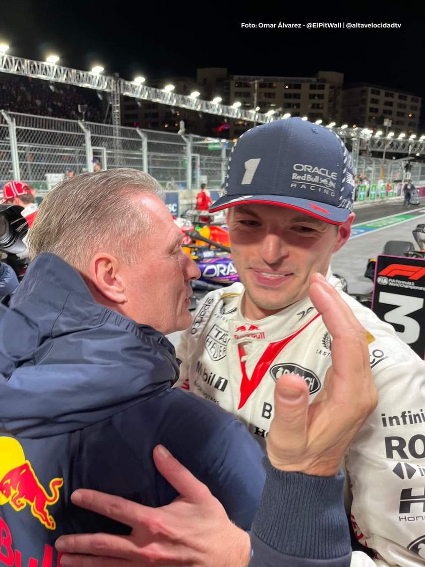 Max and Jos Verstappen celebrate victory in the pitlane at the 2023 Las Vegas Grand Prix.