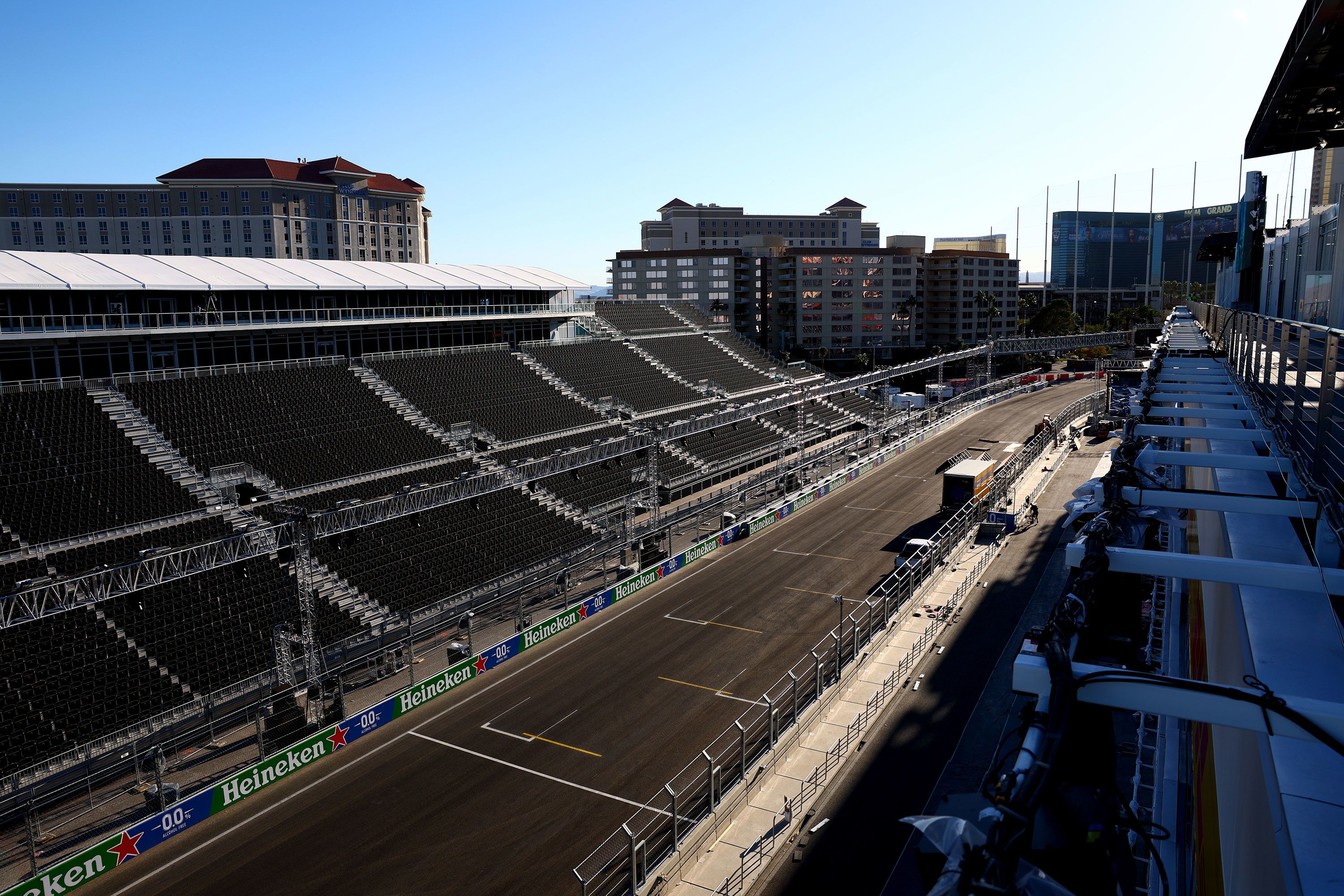 A general view of the pit straight prior to the F1 Las Vegas Grand Prix on 09 November 2023. 