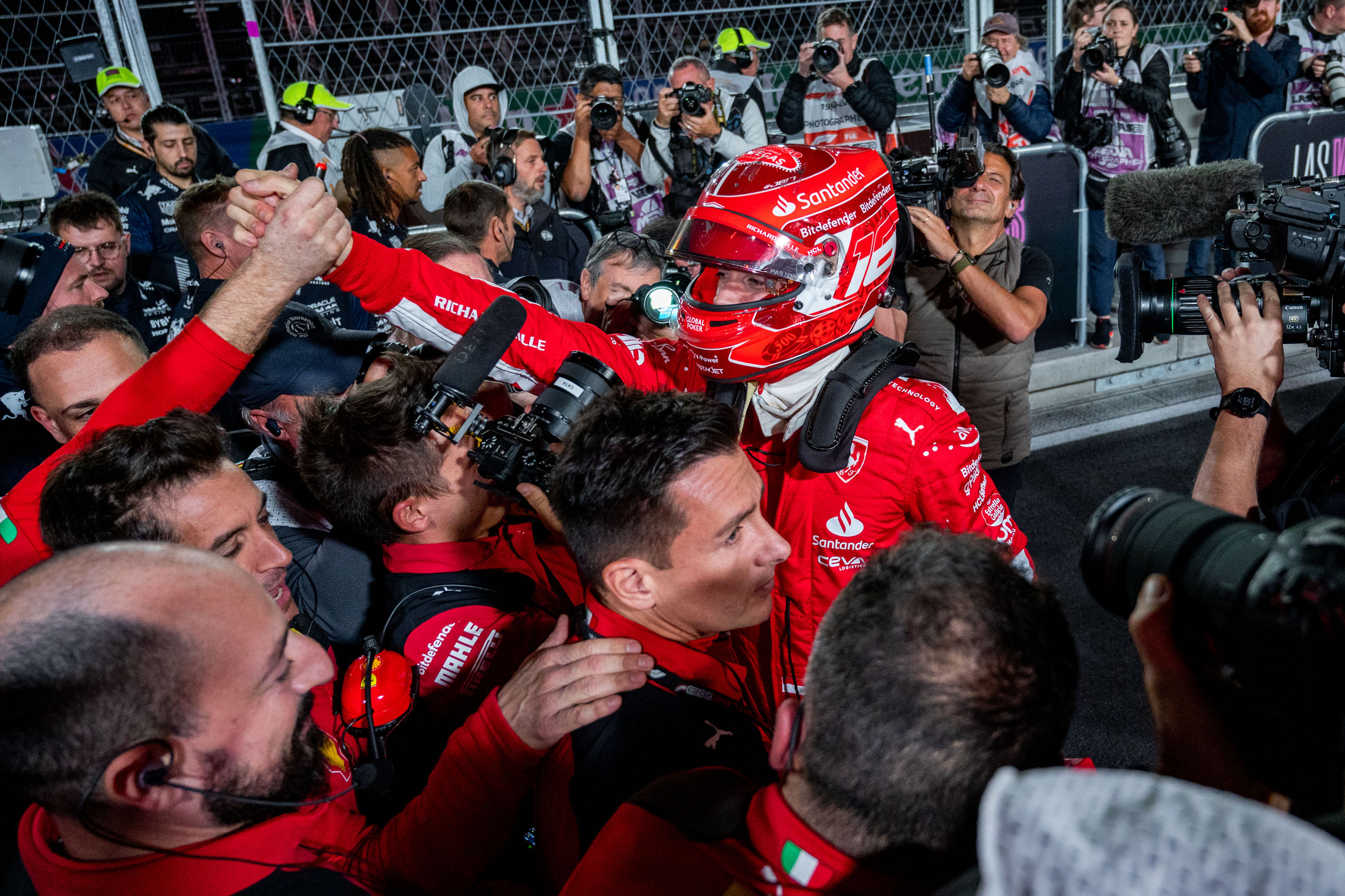 Charles Leclerc after his pole position at the 2023 Las Vegas Grand Prix on 18 November 2023. 