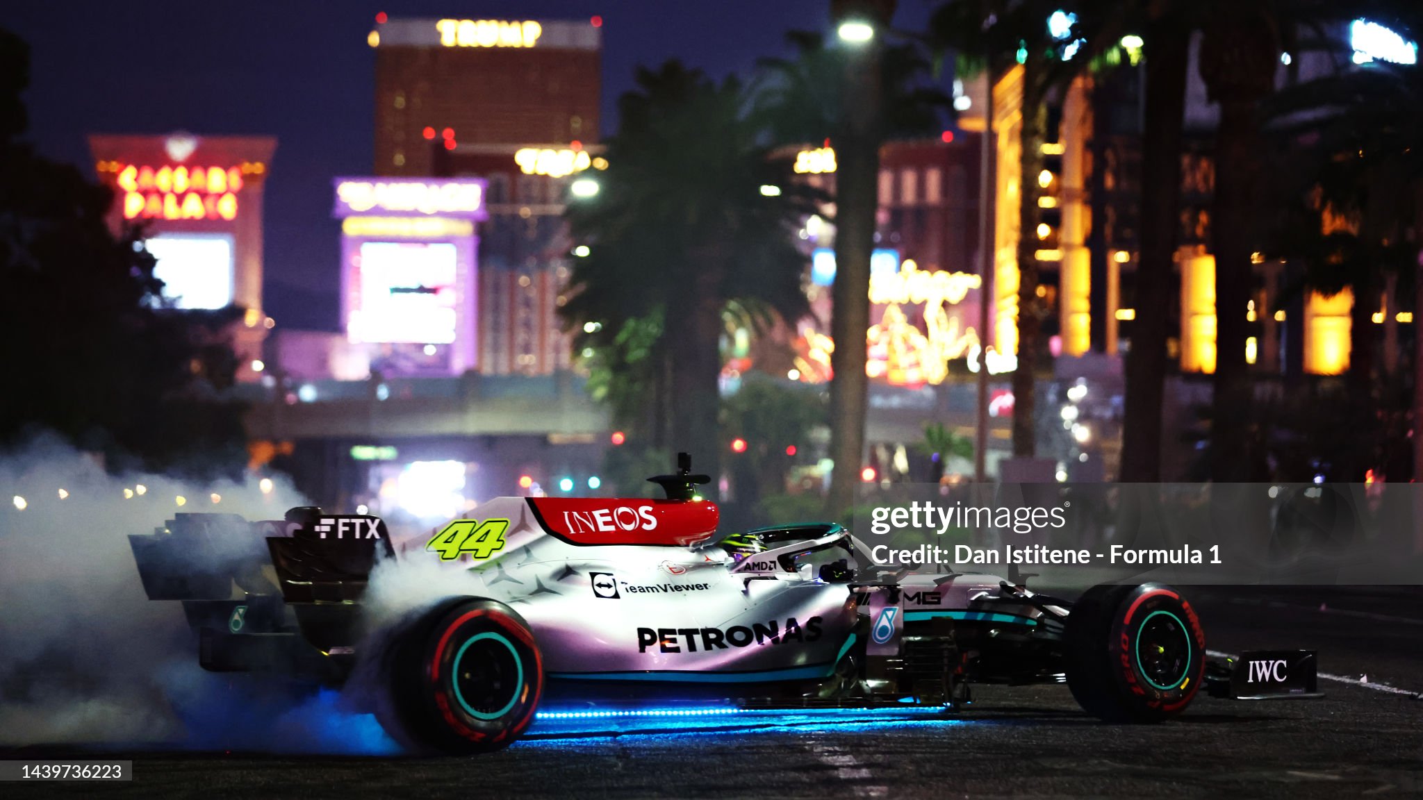 Lewis Hamilton, Mercedes, driving on track during the Formula 1 Las Vegas Grand Prix launch party on 05 November 2023 on the Las Vegas Strip in Las Vegas, Nevada. 