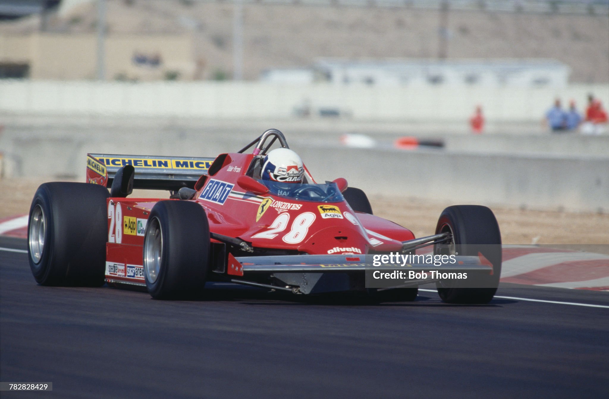 French racing driver Didier Pironi drives the n. 28 Ferrari 126CK to finish in 9th place in the 1981 Caesars Palace Grand Prix in Las Vegas, Nevada, on 17th October 1981. 