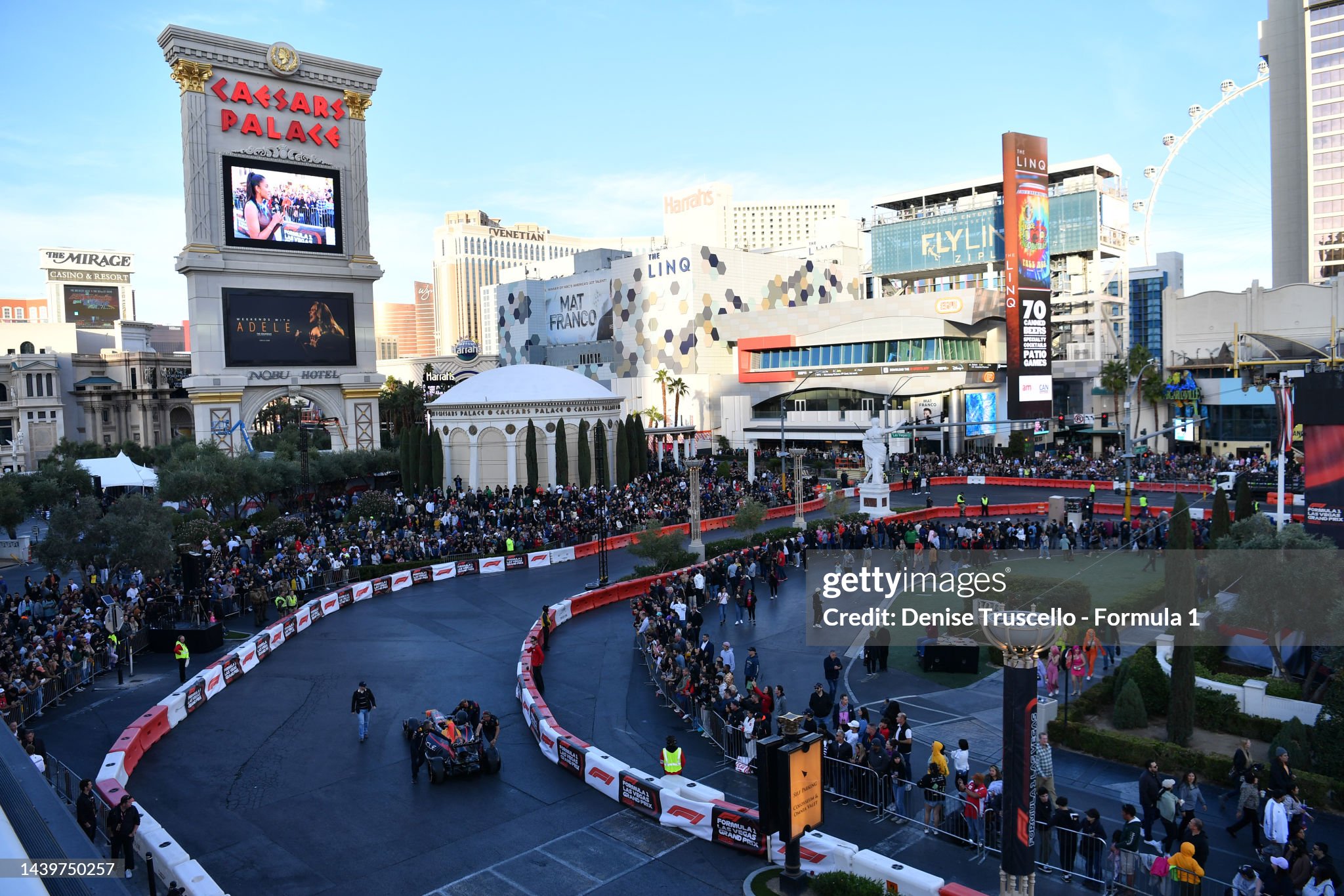 A general view as the car of Sergio Perez of Mexico and Red Bull is moved into position during the Formula 1 Las Vegas Grand Prix 2023 launch party on November 05, 2023 in Las Vegas, Nevada. 