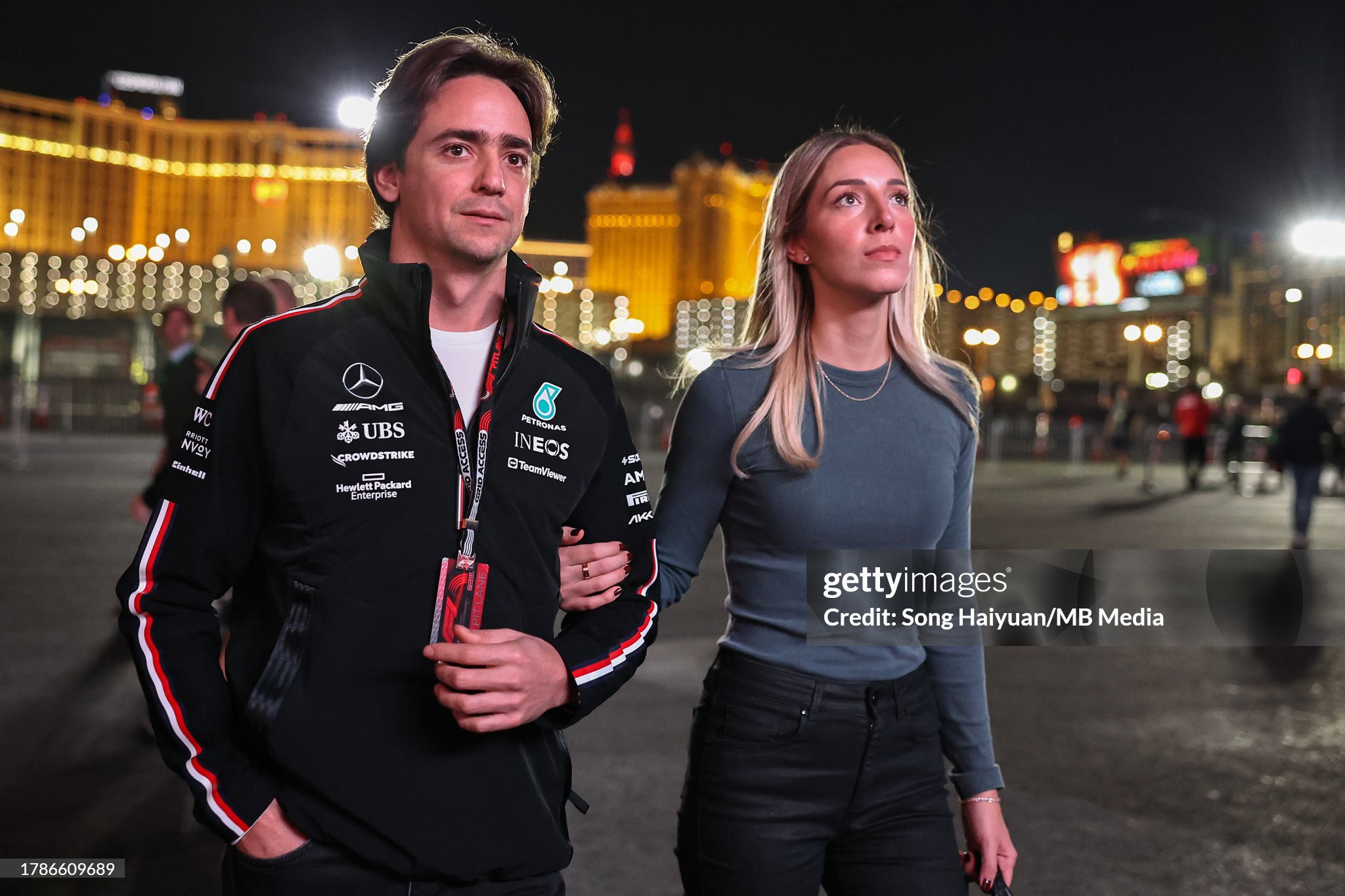 Esteban Gutierrez of Mexico and Mercedes with Monica Casan during practice ahead of the F1 Grand Prix of Las Vegas on 16 November 2023. 