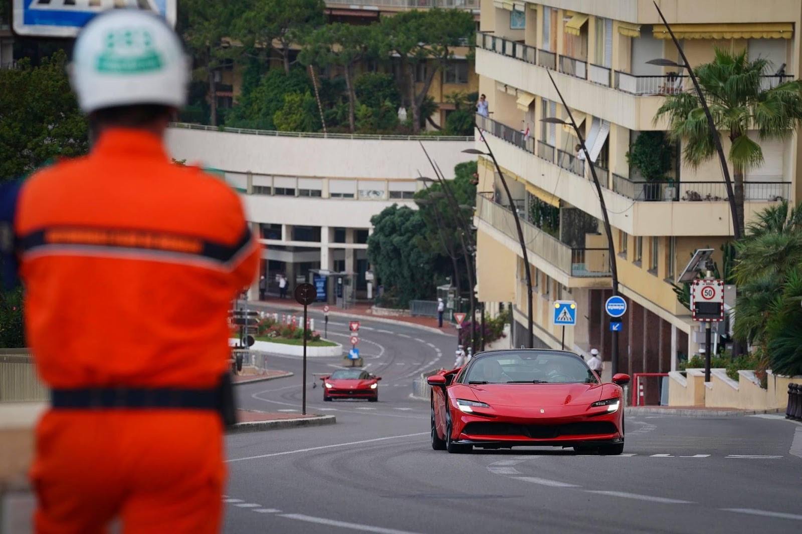 Charles Leclerc driving the red Ferrari in Monte Carlo. 