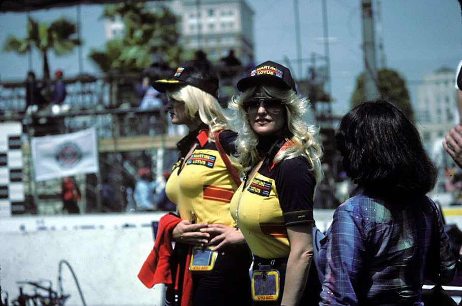 Linda Vaughn with a friend at Long Beach in 1979 attending the event as a Martini-branded girl. 
