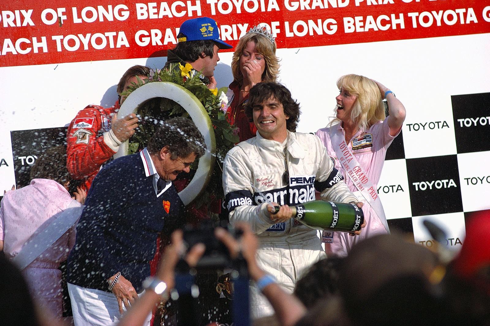 Nelson Piquet celebrates his 3rd place at the Long Beach GP, the 1981 season opener.
