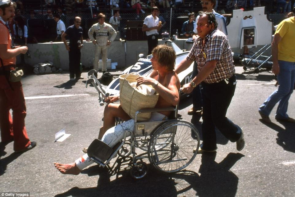 By 1980 James Hunt had retired from F1, but being without a drive and sustaining a broken leg from a skiing accident wasn't going to prevent the Brit from making the trek back to California for the US GP West as he is pushed around in a wheel chair.