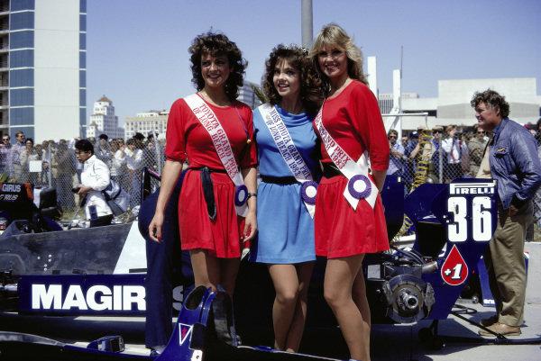 Long Beach, Sunday, March 27, 1983. Miss Toyota GP promotional models in front of a Toleman in the pits.
