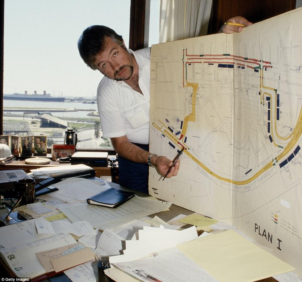 Chris Pook was the founder of the United States Grand Prix West and shows a map of the Long Beach circuit in 1980, appearing to point at the second established start-finish straight at Shoreline Drive on the clockwise track.
