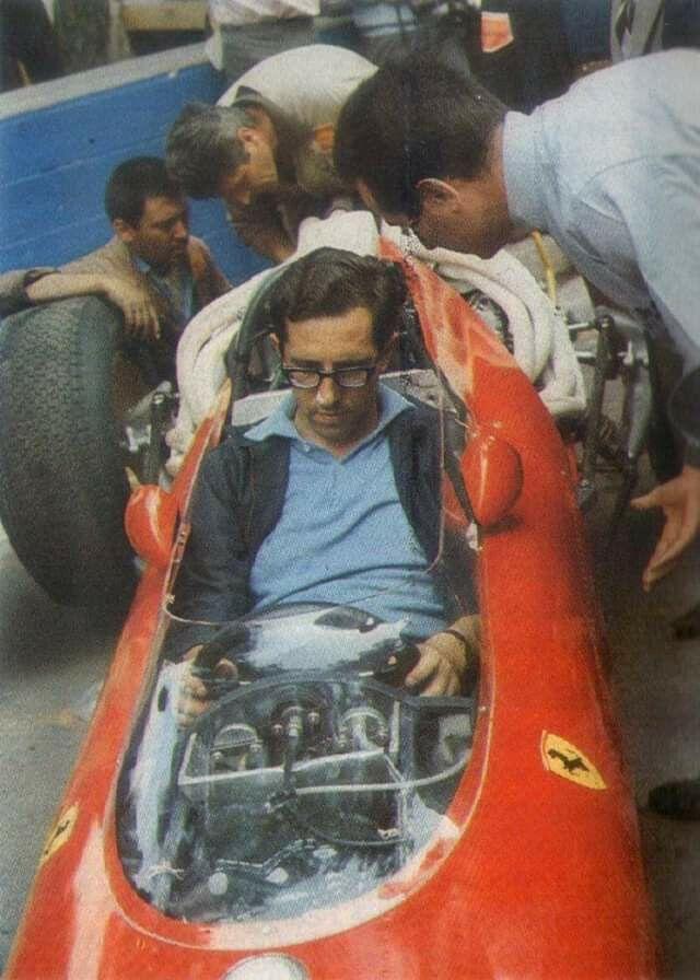 Mauro Forghieri with Lorenzo Bandini on board his Ferrari 312F1.