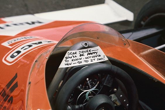 A message for James Hunt in the cokpit of his McLaren.