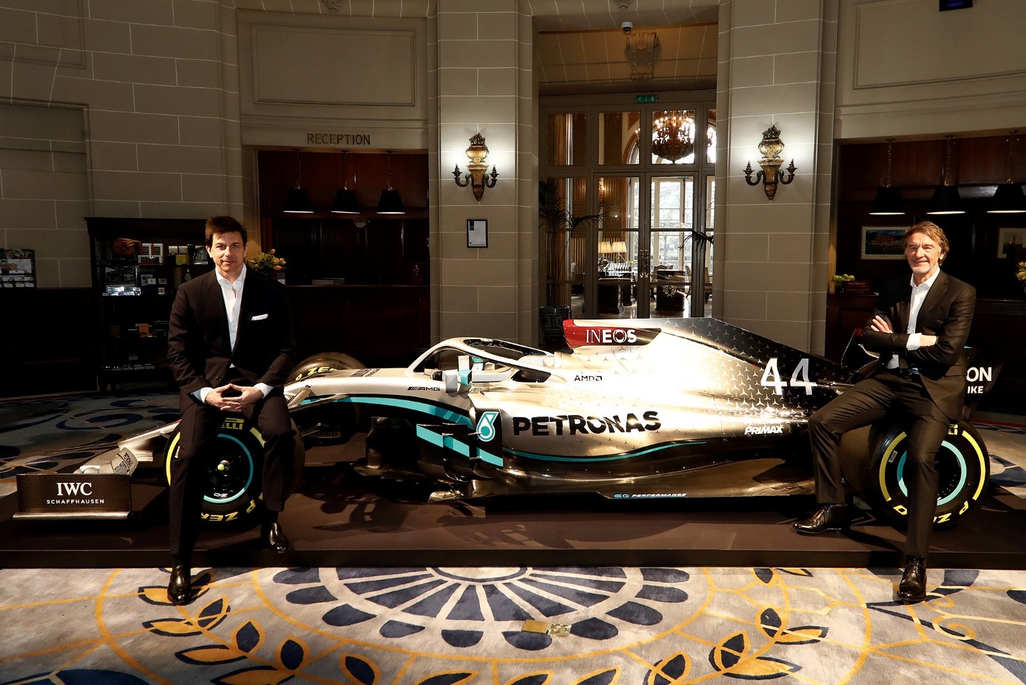 Toto Wolff and Sir Jim Ratcliffe with the new 2020 Mercedes livery.