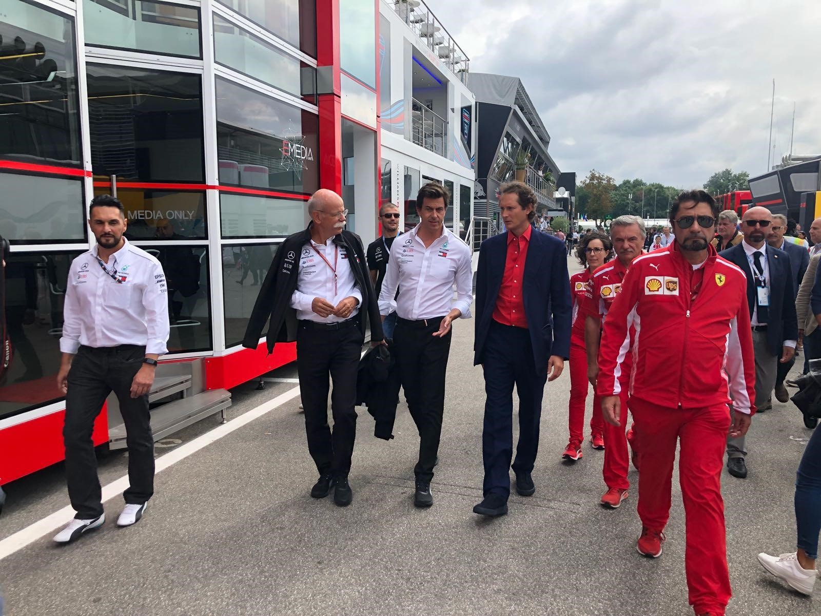 President of Ferrari John Elkann and president of Mercedes Dieter Zetsche with Toto Wolff at Italian GP in Monza on September 2, 2018.