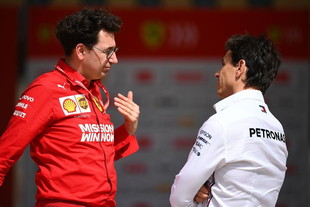 Ferrari Team Principal Mattia Binotto talks with Mercedes GP Executive Director Toto Wolff in the paddock before the F1 Grand Prix of Bahrain at Bahrain International Circuit, on March 31, 2019. 