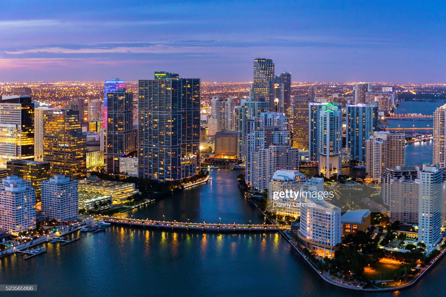 Evening aerial view of Miami, Florida. 