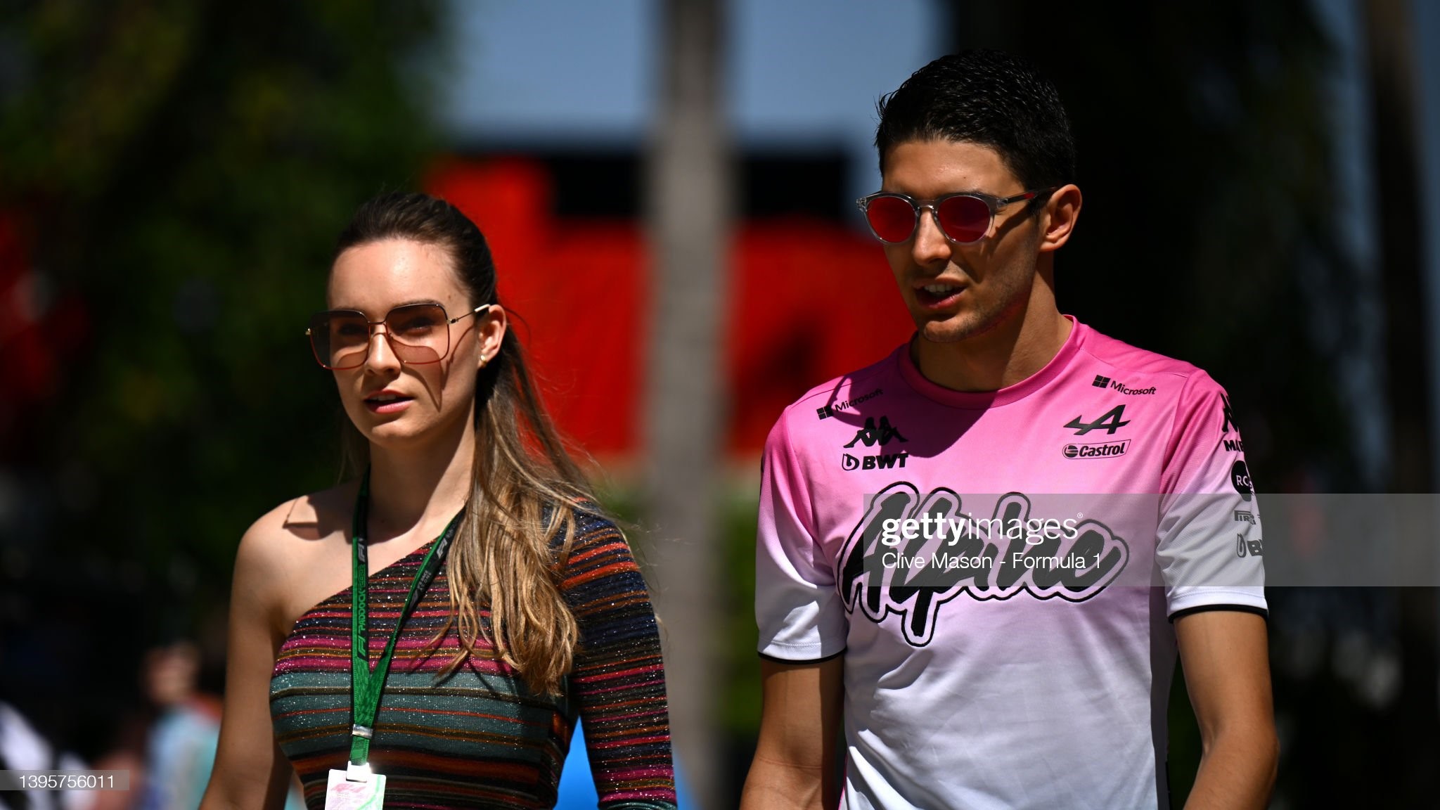 Esteban Ocon of France and Alpine F1 walks in the Paddock with his girlfriend Elena Berri prior to practice ahead of the F1 Grand Prix of Miami at the Miami International Autodrome on May 06, 2022 in Miami, Florida. 