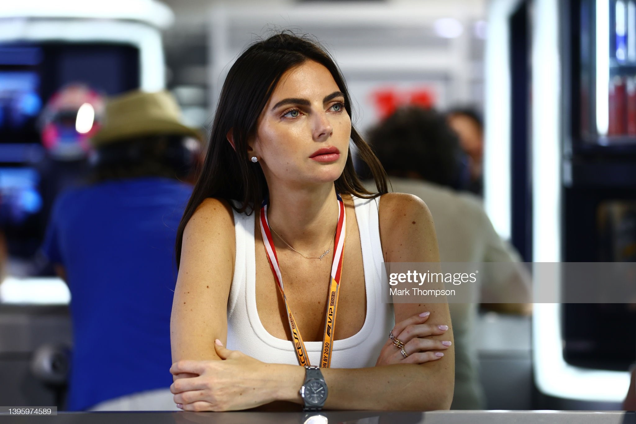   Kelly Piquet, Max Verstappen’s girlfriend, looks on from the Red Bull Racing garage during qualifying ahead of the F1 Grand Prix of Miami at the Miami International Autodrome on May 07, 2022 in Miami, Florida. 