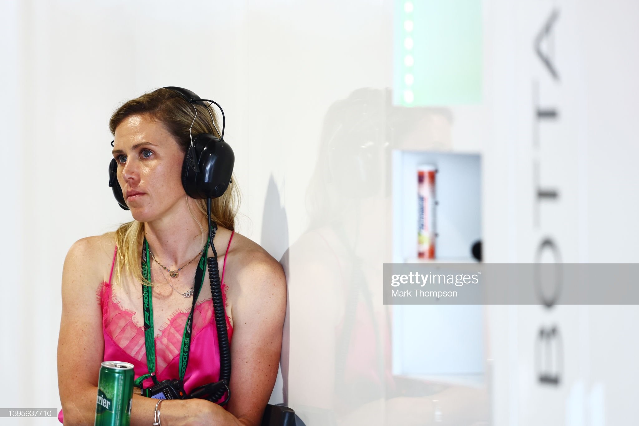 Cyclist Tiffany Cromwell looks on from the garage of her boyfriend Valtteri Bottas of Finland and Alfa Romeo F1 during final practice ahead of the F1 Grand Prix of Miami at the Miami International Autodrome on May 07, 2022 in Miami, Florida. 