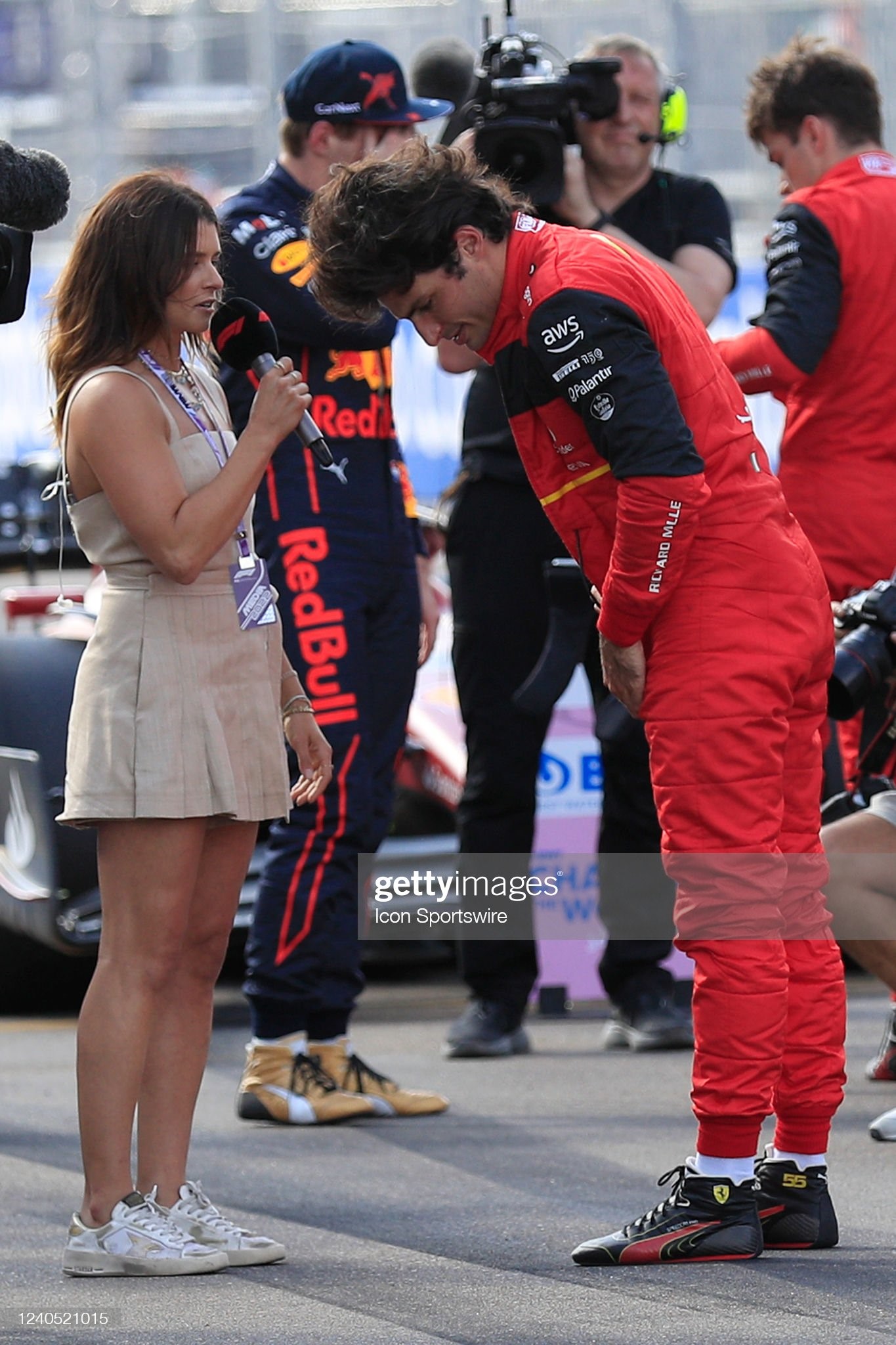 Danica Patrick interviews Scuderia Ferrari driver Carlos Sainz (55) after qualifications for the Miami Grand Prix on May 07, 2022 at the Miami International Autodrome in Miami Gardens, Florida.