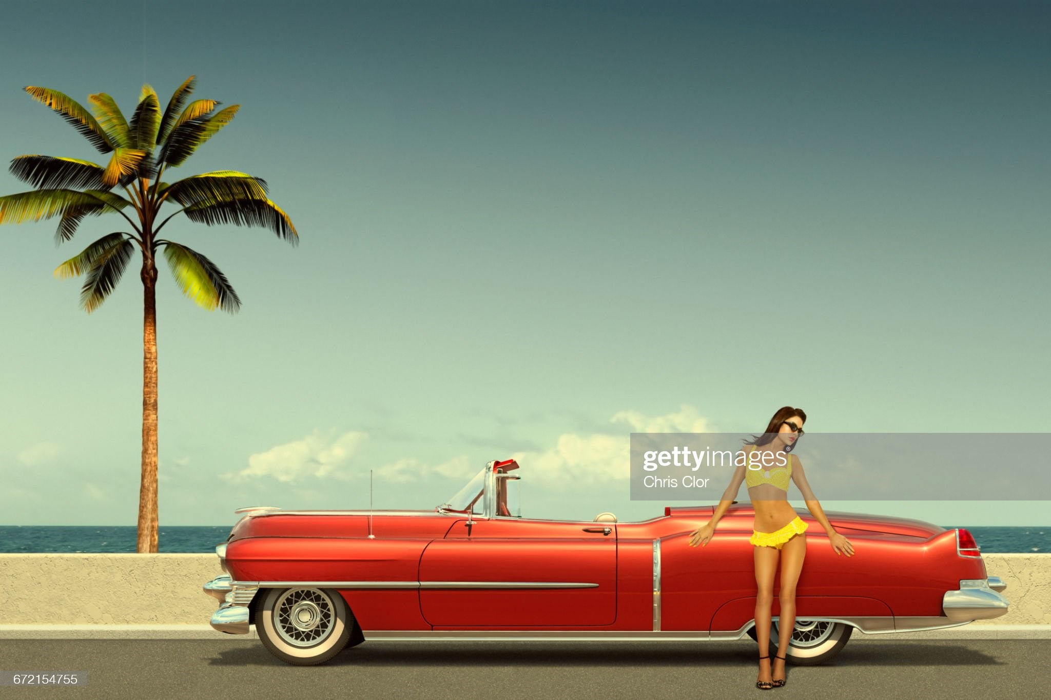 Caucasian woman leaning on old-fashioned convertible car at ocean. 