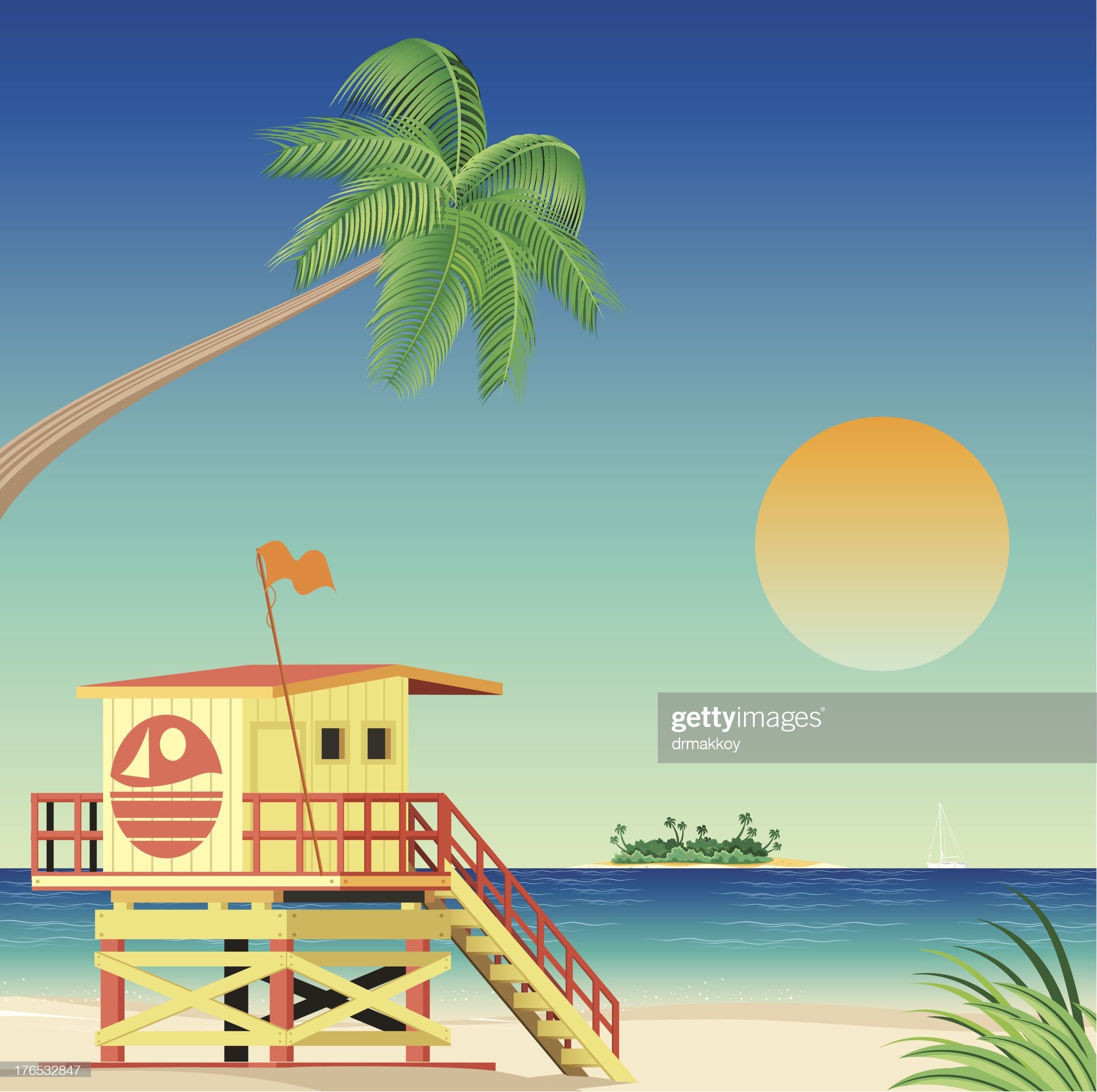 Illustration of a life guard stand on Miami beach. 