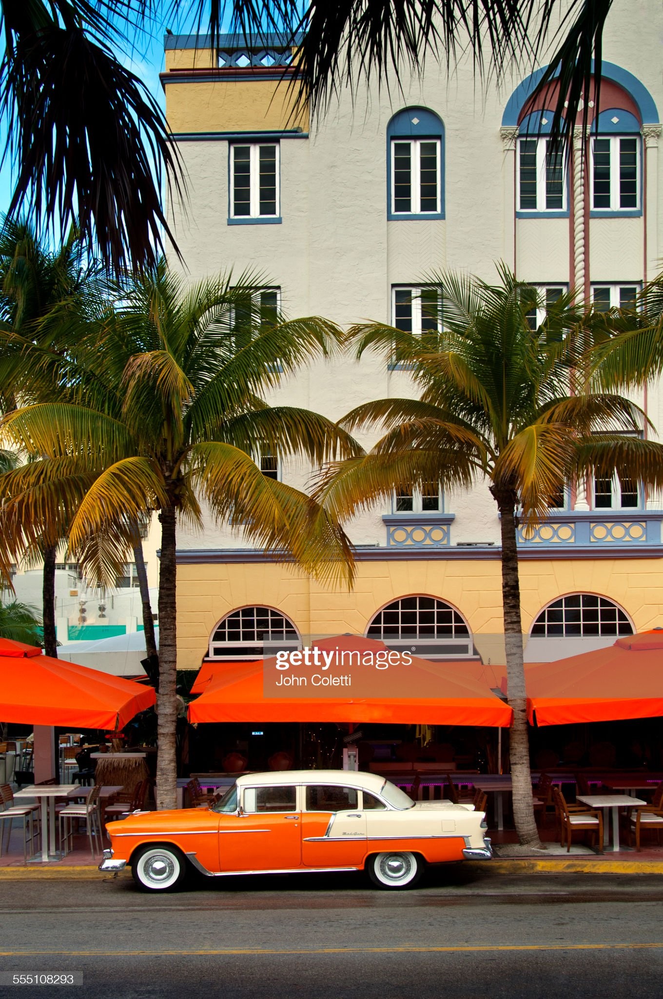 Classic American 1950's car sits on Ocean Boulevard in South Beach, a neighborhood in the city of Miami Beach, Florida. 