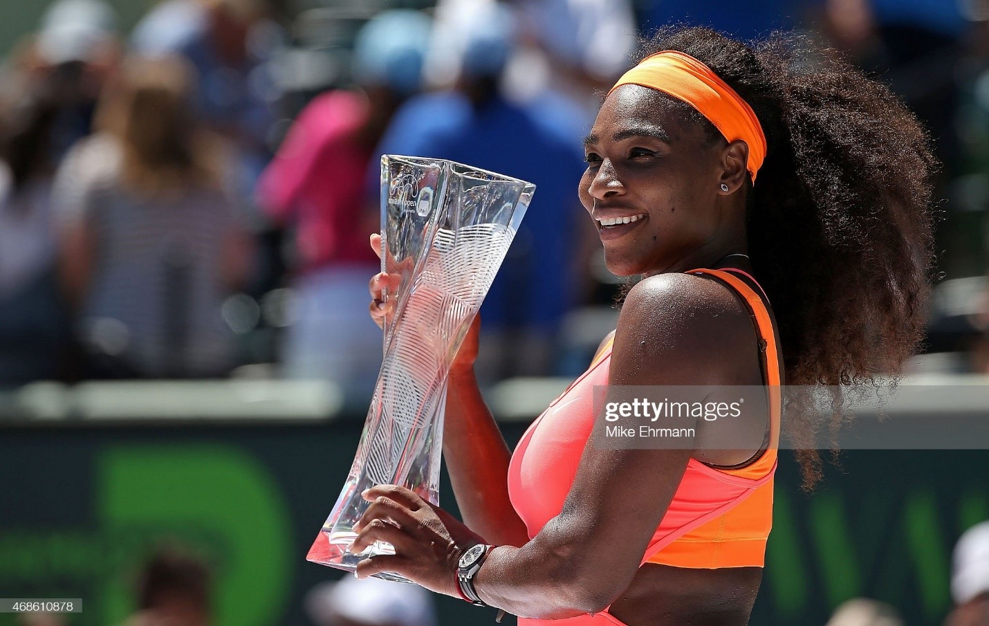 Serena Williams poses with the trophy after winning the Women's Final of the Miami Open against Carla Suarez Navarro of Spain during day 13 at Crandon Park Tennis Center on April 04, 2015 in Key Biscayne, Florida. 