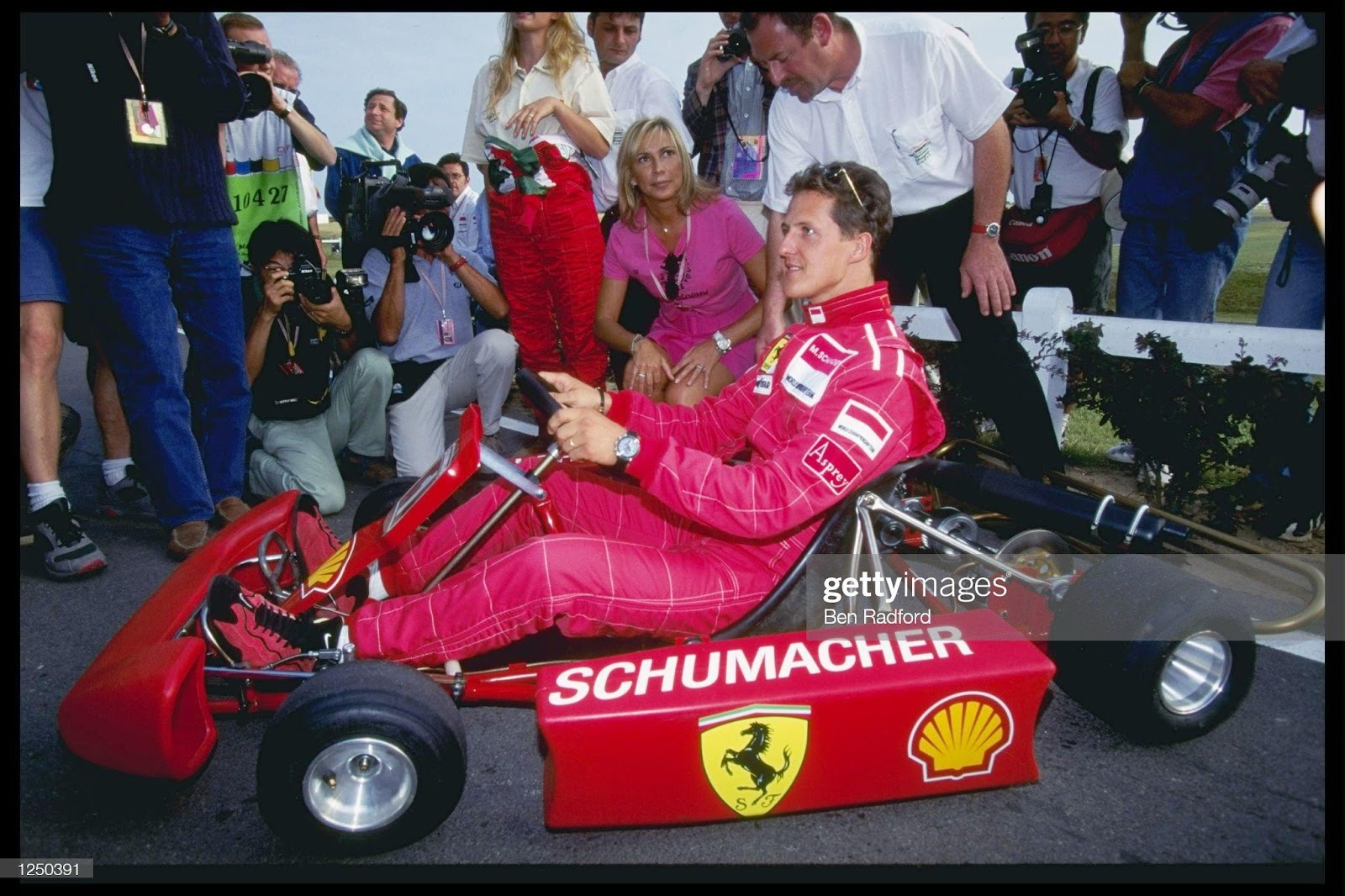 27 - 30 Jun 1996: Michael Schumacher relaxes with a spot of go-karting during the French Grand Prix in Magny Cours.