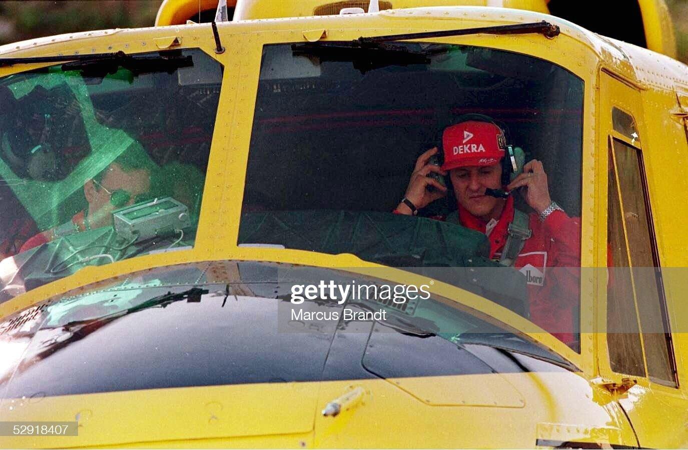 May 22, 1997. F1 Spanish Grand Prix in Barcelona. Michael Schumacher as co-pilot in the helicopter.