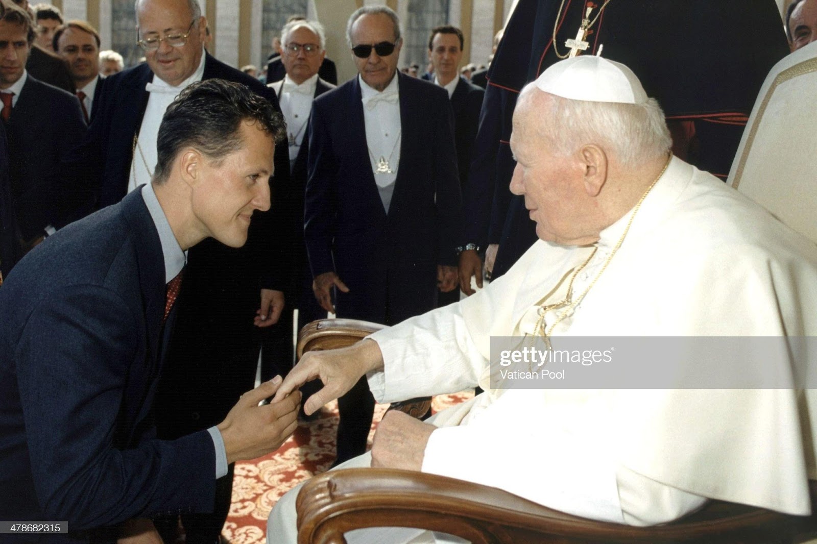Pope John Paul II meets Michael Schumacher during an audience in St. Peter's Square on October 6, 1999 in Vatican City, Vatican. 