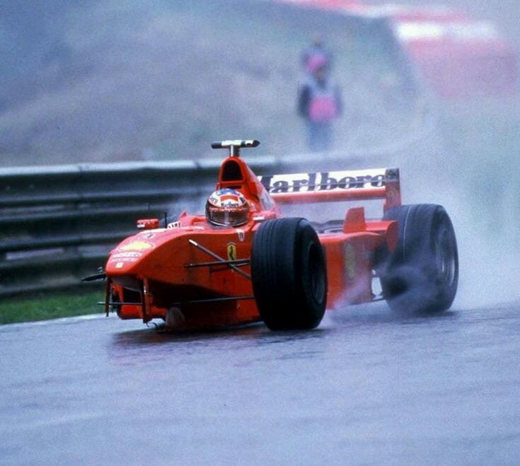 Michael Schumacher on three wheels, 30 August 1998, Spa.