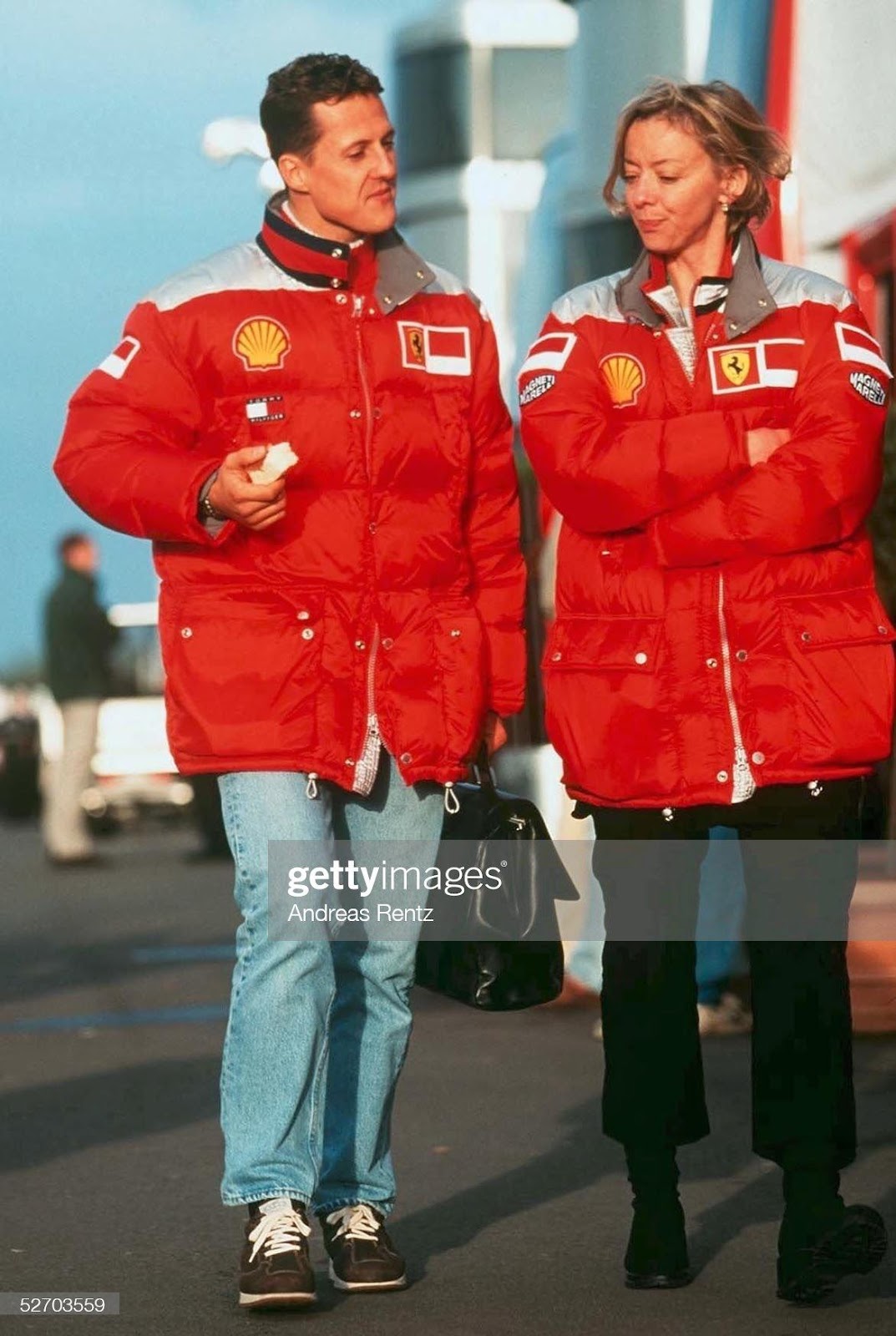 Michael Schumacher, Ferrari, with Sabine Kehm at Silverstone on April 23, 2000.