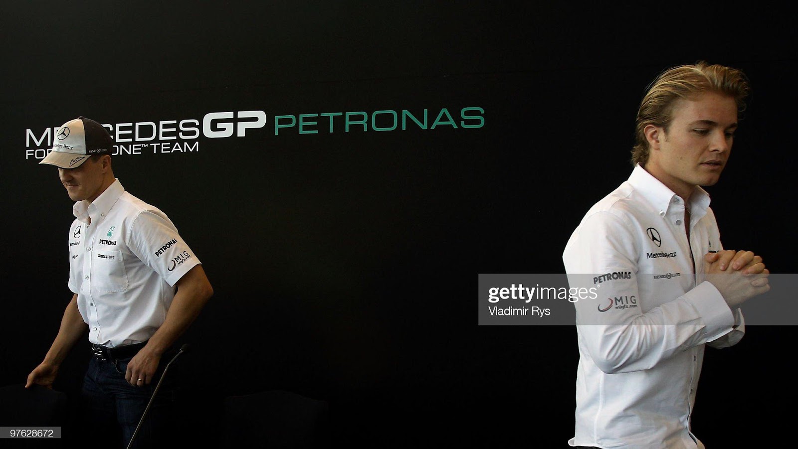 Michael Schumacher, Mercedes GP, with Nico Rosberg, Mercedes GP, appear at a media breakfast press conference on March 11, 2010 in Manama, Bahrain.