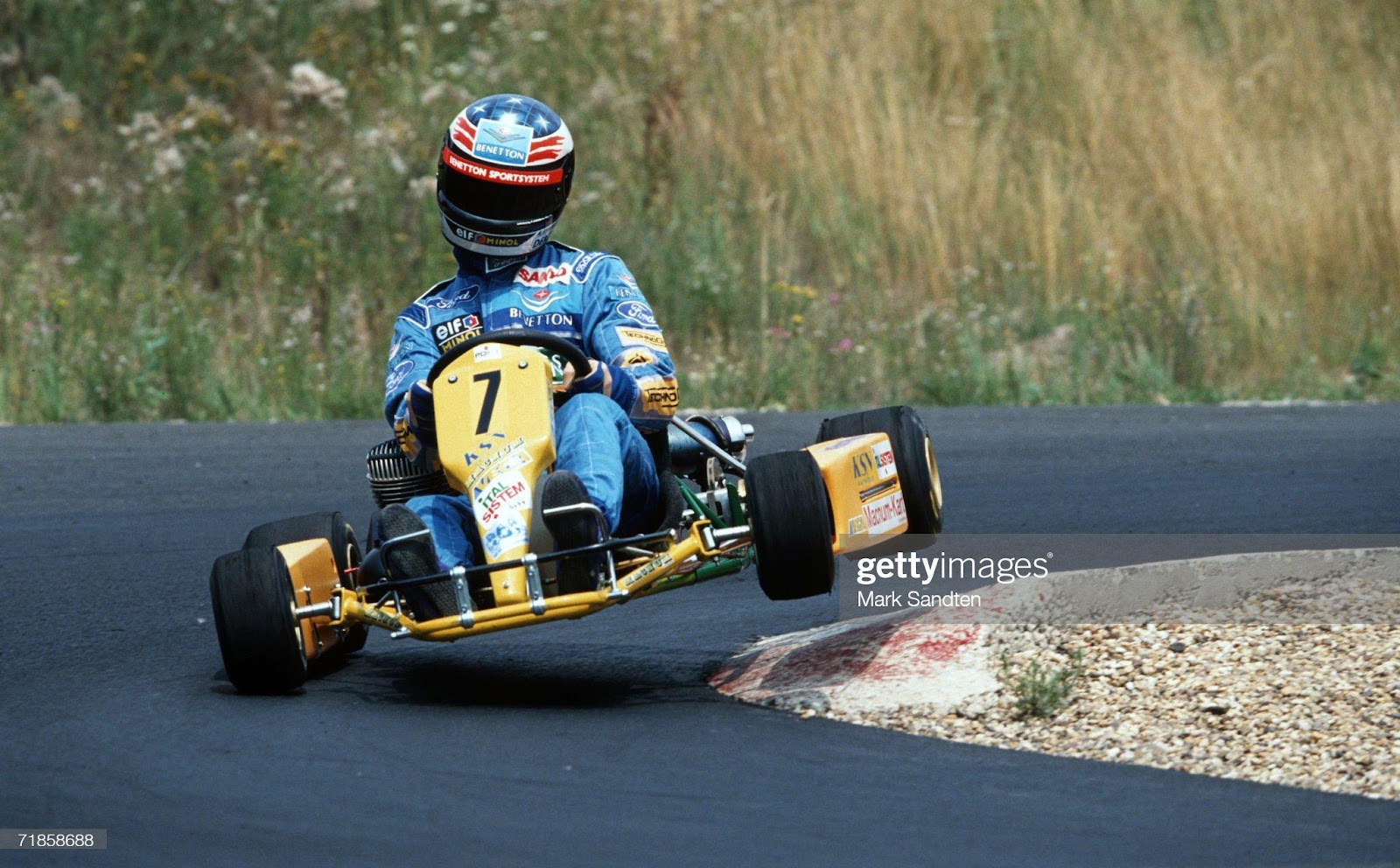 Michael Schumacher in action after the press conference on the go-cart circuit on July 1, 1994 in Kerpen, Germany.